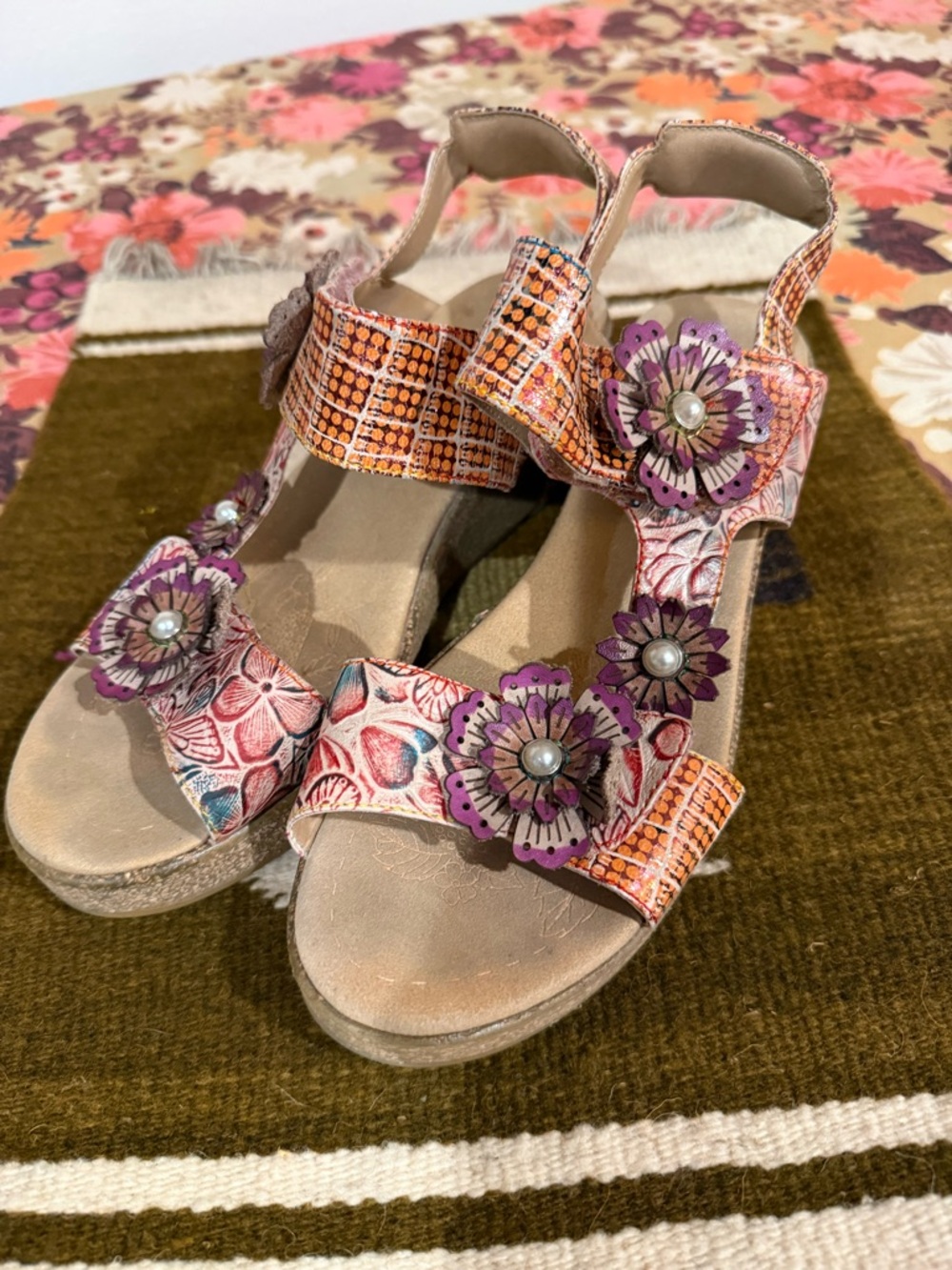 L’Artiste Floral Multicolor Wedge Sandals - Pink & Orange Flower Accent